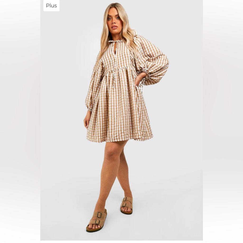 Boohoo Gingham Textured Blouse Sleeve Smock Dress
